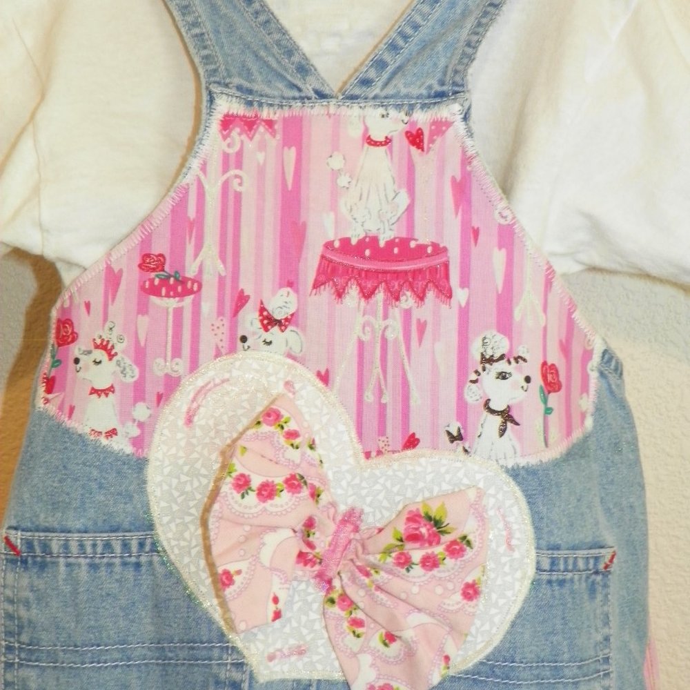 Overalls Pink Poodle Doggy Pup Denim Custom 6-12M - Picture 5 of 6